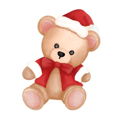 Tatlı Noel Baba, oyuncak ayı, suluboya klipsi. Noel hayvanlarının resmi. Mutlu Noeller..