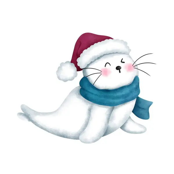 Mavi eşarp ve kırmızı Noel Baba şapkası takan oyuncu bebek fok. Noel hayvanlarının suluboya resimleri. Noel kutlamaları için tuhaf kutup hayvanları çizimleri..