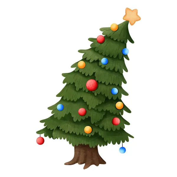 Işıkları ve klibi olan şirin suluboya çam ağacı. Suluboya çizimi. Bayram ağacı resmi. Noel süslemesi..
