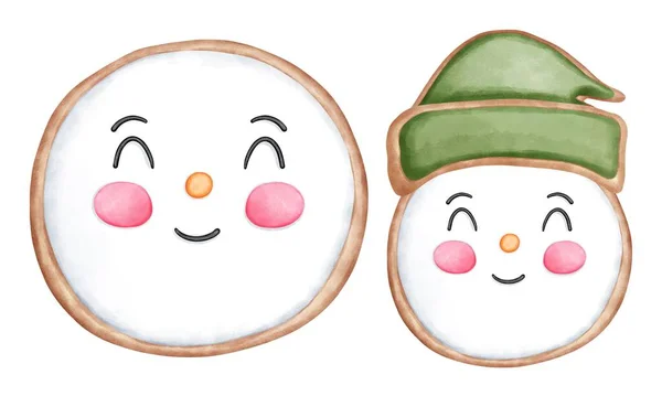 Set Watercolor Christmas Cookies Snowman Green Santa Hat Illustration Watercolor — Stock Photo, Image