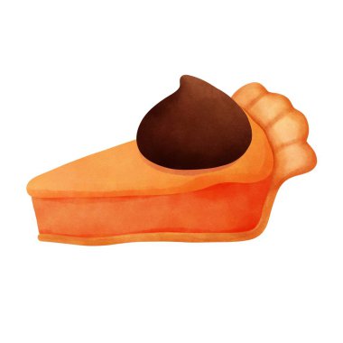 Çikolata klimalı suluboya balkabağı turtası. Suluboya şükran günü tatlı süslemesi. Fırın illüstrasyonu.