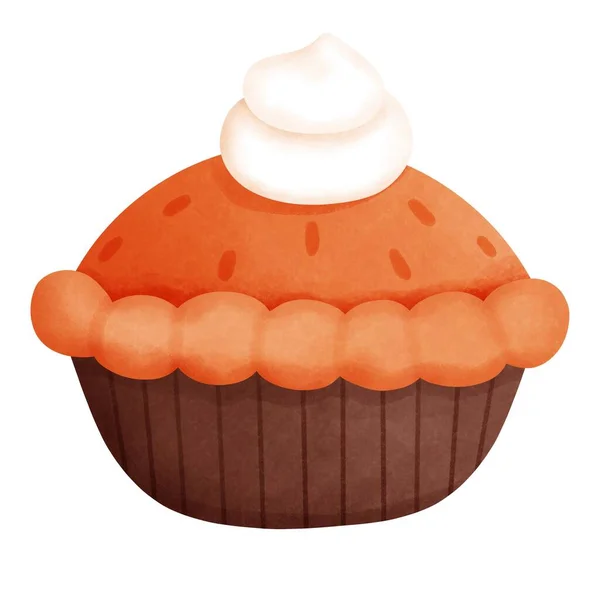 Watercolor thanksgiving pumpkin pie with whipping cream clipart. Thanksgiving dessert illustration.