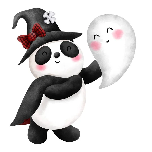 Aquarela Bonito Halloween Panda Com Bebê Fantasma Clipart Whimsical Halloween — Fotografia de Stock