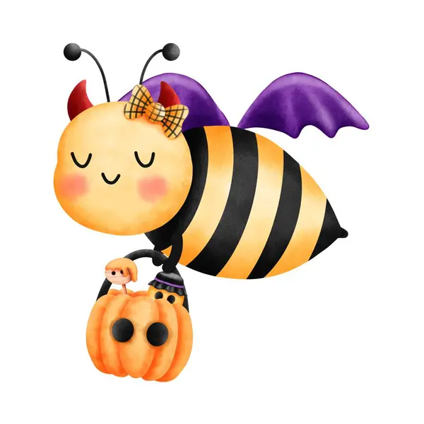 Vibrant watercolor halloween illustration.Little bee with red horn,bow,purple witch wings and honey basket.