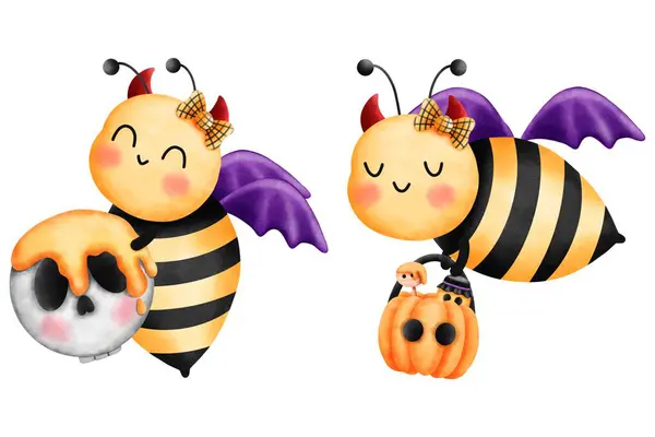 Set of cute little bees with halloween red horn,bow and purple wings flying  holding a halloween skull pumpkin basket.Watercolor halloween illustration.
