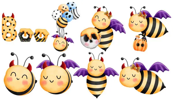 Watercolor halloween little bees collection.Cute bees with red horns and purple wings,boo letters,skull,pumpkin basket of honey and colorful balloons.Cute little insect illustration for halloween party decorations.