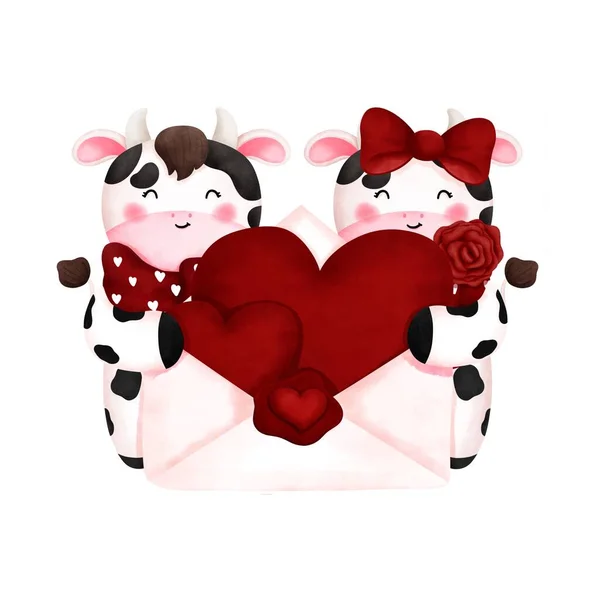 Aquarela Bonito Bebê Vacas Amor Valentine Animal Casal Illustration Hand — Fotografia de Stock