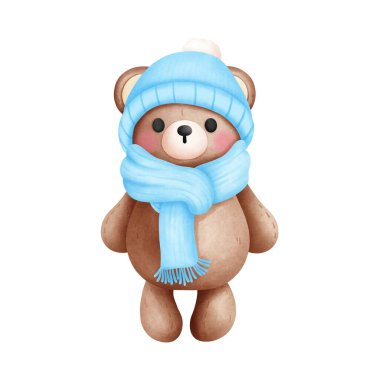 Mavi eşarp ve bereli şapka resimli suluboya sevimli erkek bebek ayıcık. Bebek oyuncak ayı. Kış hayvan kliması..
