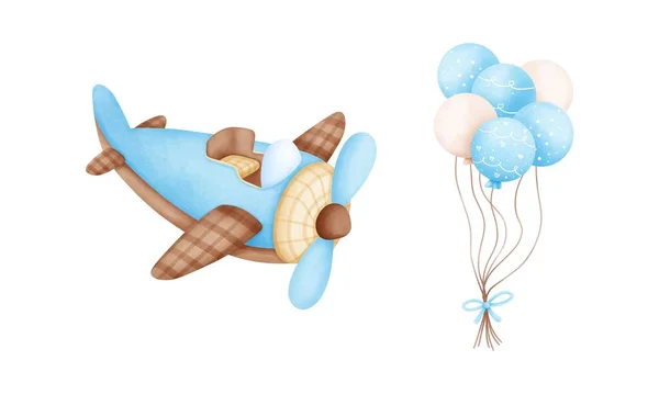 Watercolor cute blue airplane and balloons illustration.Vintage airplane,Nursery decoration.Birthday party,Baby shower.