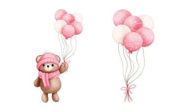 Bir dizi suluboya pembe ayıcık ve balon illüstrasyonu. Sevgililer Günü, Sevgililer Günü, Bebek Süsleme. Kart yapma, Duvar Sanatı..