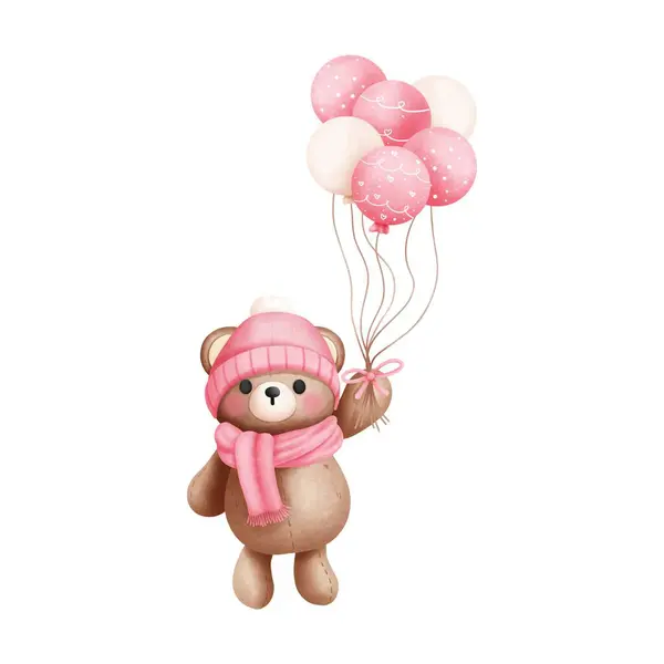 Watercolor pink teddy bear with balloons illustration.Valentines animal clipart.Valentines day,Nursery decoration.Making cards,Wall art.