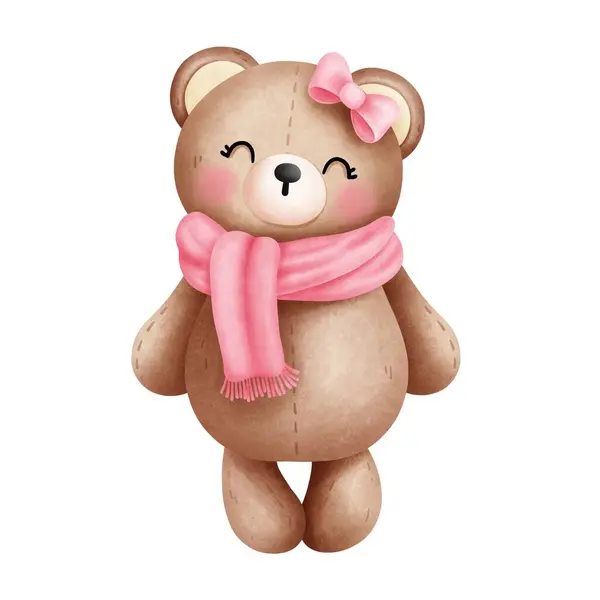 Urso Pelúcia Bebê Valentine Aquarela Lenço Rosa Arco Ilustration Cute — Fotografia de Stock