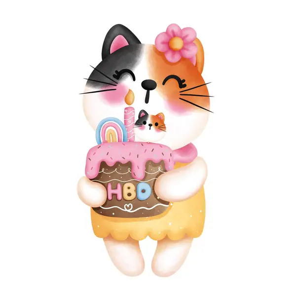 Watercolor cute calico cat with birthday cake illustration. Birthday party decoration.Cute kitten clipart.Festive animal decorations.