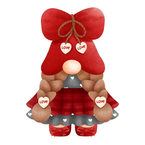 Adorável Aquarela Vermelho Valentine Gnome Girl Illustration Red Valentine Gnome — Fotografia de Stock