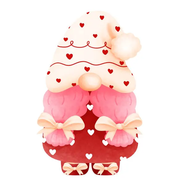 Whimsical Aquarela Valentine Gnome Menina Ilustração Com Barba Rosada Pink — Fotografia de Stock
