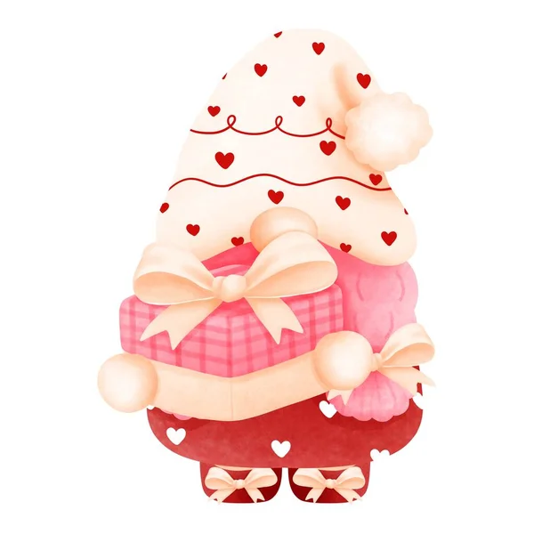 Watercolor Bonito Rosa Valentine Gnome Menina Ilustração Com Gift Valentine — Fotografia de Stock