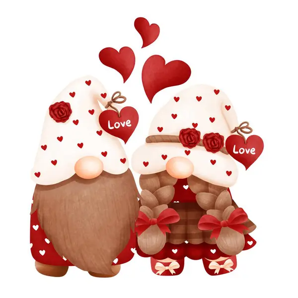 Adorável Aquarela Valentine Gnome Casal Com Corações Vermelhos Para Decoração — Fotografia de Stock