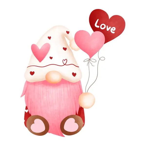 Watercolor Bonito Rosa Valentine Gnome Menino Ilustração Com Amor Balloons — Fotografia de Stock