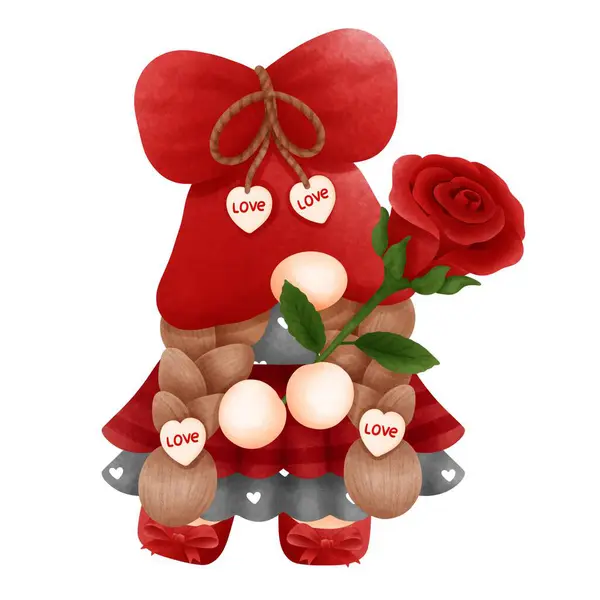Adorável Aquarela Vermelho Valentine Gnome Menina Clipart Com Vermelho Rosa — Fotografia de Stock