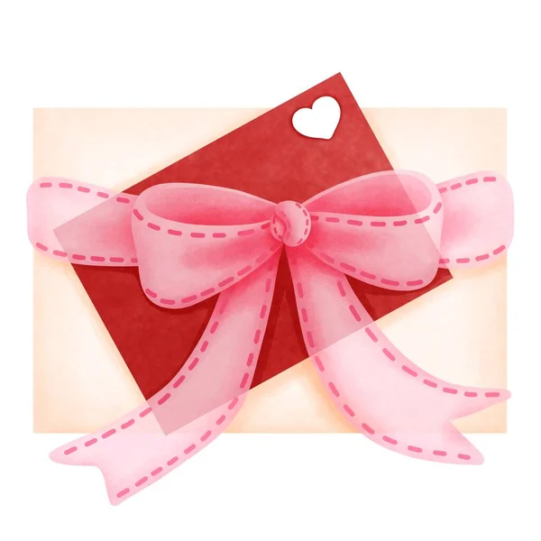 Watercolor Valentines Day Gift Box Red Love Letter Pink Bow — Stock Photo, Image