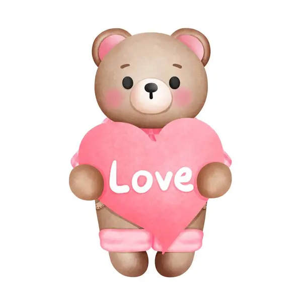 Sevimli suluboya bebek ayıcık ve pembe kalp klipsi. Sevimli sevgililer günü bebek hayvan aşk çizimi. Valentine hayvan tırpanı.