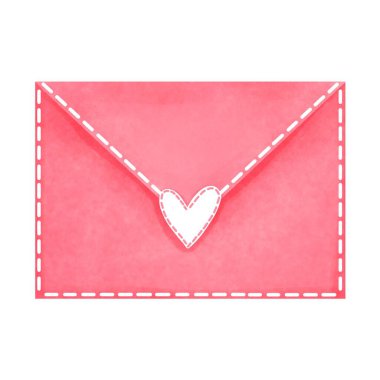 Sevgililer Günü için beyaz kalpli romantik suluboya zarf. Aşk mektubu illüstrasyonu. Eski sevgililer günü postası. Sevgililer günü dekorasyonu.. 