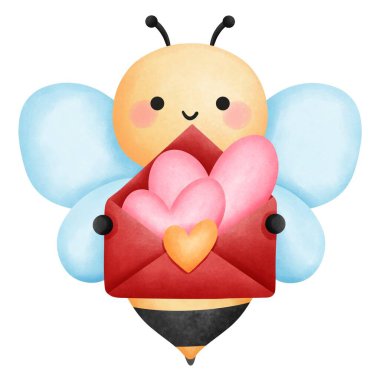 Pembe kalpli kırmızı bir zarf tutan küçük bir arı aşk mektuplu tatlı bir bal arısı suluboya illüstrasyon, şenlikli aşk için kart gönderme, sevgililer günü hediyeleri, düğün süslemeleri..