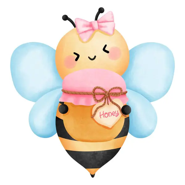 Valentine little bee with honey jar clipart, Watercolor illustration with cute honeybee and valentines sweet, Animal in love for valentines day gift decoration.