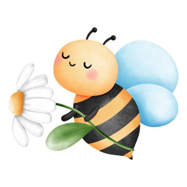 Beyaz papatya çiçekli suluboya tırtılı bal arısı, Bahar süslemeleri için sevimli bebek yaban arısı ve çiçek çizimi, çocuk odası duvar resimleri, tebrik kartları ve koleksiyon defteri tasarımları.