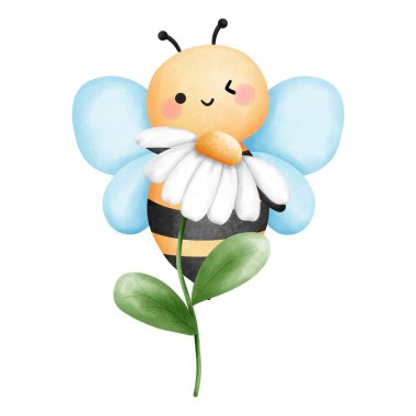 Beyaz papatya çiçekli suluboya tırtılı küçük arı, El, bahar dekorasyonu için sevimli bebek yaban arısı ve çiçek illüstrasyonları, çocuk odası duvar resimleri, tebrik kartları ve koleksiyon defteri tasarımları çizdi.