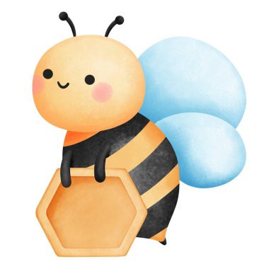 Bal arısı elinde bir suluboya tırnak tutuyor, El, bahar dekorasyonu için sevimli bebek yaban arısı ve arı kovanı çizimi, çocuk odası duvarı sanatı, tebrik kartları ve koleksiyon defteri tasarımları.