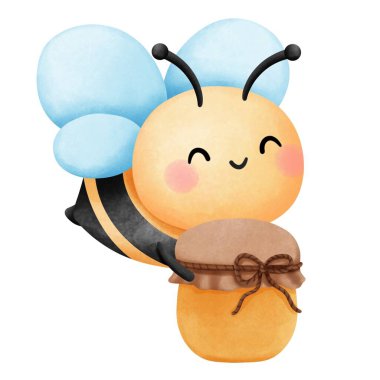 Bal kavanozlu bal arısı, el, bahar ve yaz dekorasyon tasarımları için suluboya bebek hayvan resimleri, kreş duvarı sanatı., 