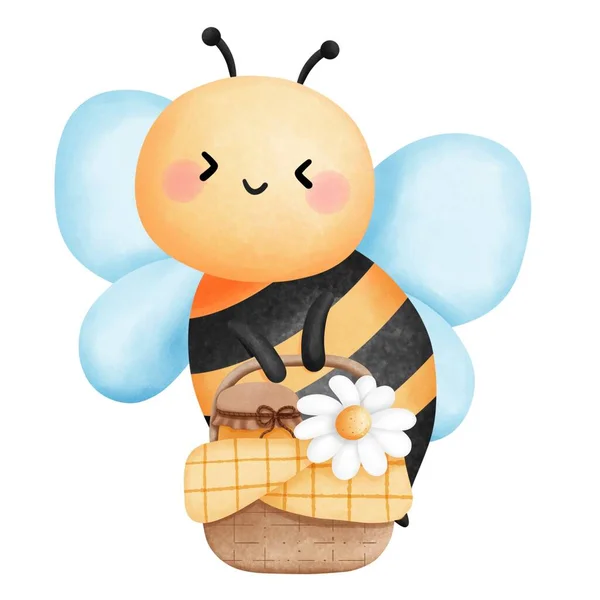 Bee with basket of honey jar clipart, Watercolor cute animal insect illustration in cartoon style for springtime and summer season decoration designs.
