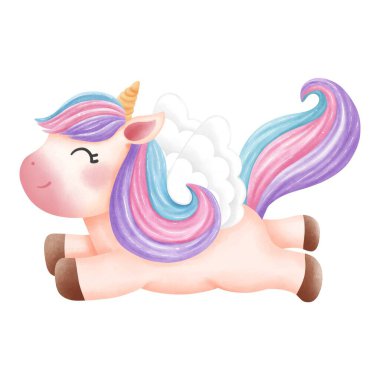 Sihirli gökkuşağı tek boynuzlu at, suluboya klipleri, çocuk odası sanatı için sevimli hayvan çizgi film çizimleri..