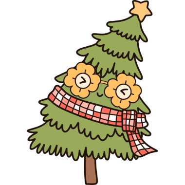 Eski moda Noel ağacı, eşarp ve güneş gözlüğü takılı çam ağacı, moda hippi çizgi film çizimleri, resim çizimleri.