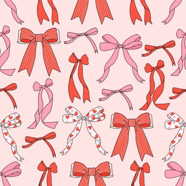 Sevgililer günü kurdelesi kusursuz desen, kırmızı ve pembe kurdele basılabilir dijital kağıt arka plan