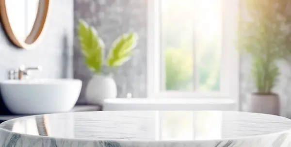 Bulanık banyo arkaplanı ve Mermer tezgahın üstü reklam ve tanıtım için kullanılabilir