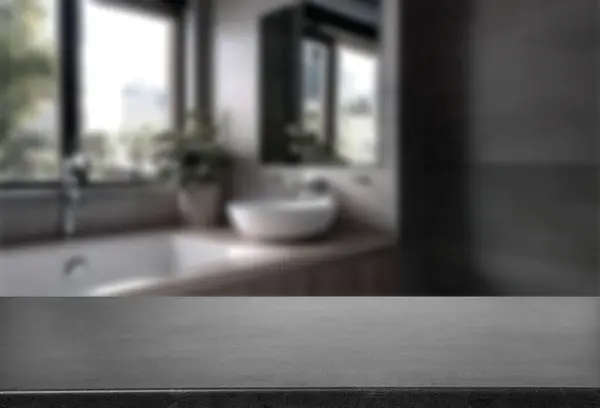 Banyo arka planı bulanık olan boş tezgah, tasarım ve dekorasyon kavramları için