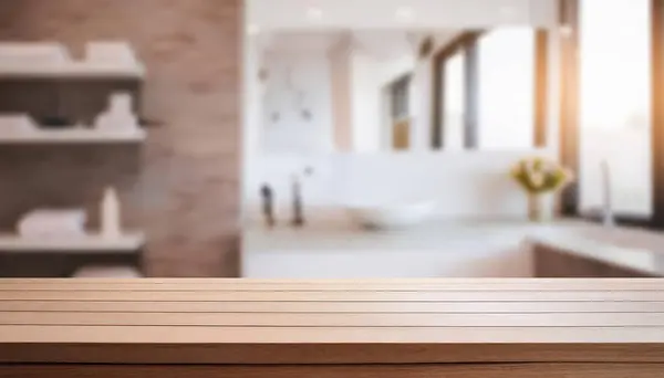 Banyo arka planı bulanık olan boş tezgah, tasarım ve dekorasyon kavramları için