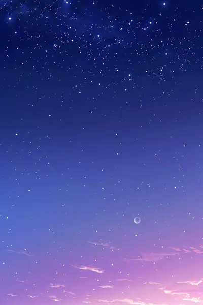 Gece gökyüzü alacakaranlıktan maviliğe, yıldızlarla ve hilal ayıyla dolu.