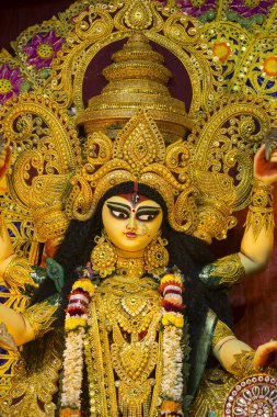 Jagaddhatri Puja Mata portre fotoğrafları 2023. Durga Ana 'nın başka bir şekli. Batı Bengal, Hindistan 'da bir Hindu ibadetidir..