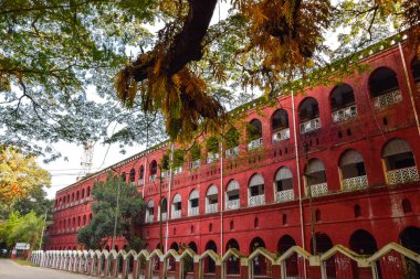 Bina kırmızı tuğladan bir duvar ve kraliyet sarayının bir binasıyla boyanmış.