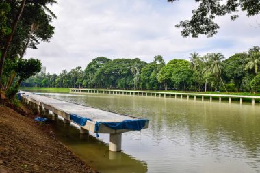 Parkın ortasındaki gölün üzerindeki inşaat köprüsünün güzel bir görüntüsü.