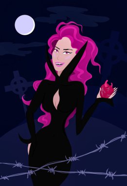 Geceleri elinde bir kalple mezarlıkta pembe saçlı bir vampir kız.
