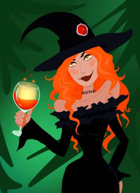 Ormanda kokteylli güzel kızıl saçlı cadı.