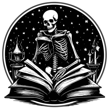 vector illustration. human skull and book. black background. clipart