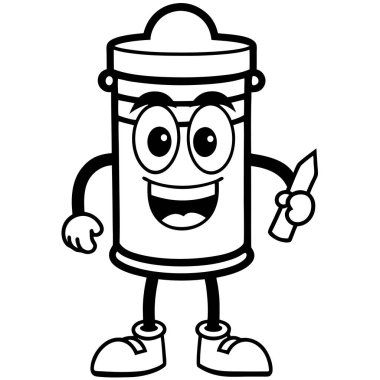 happy smiling black and white cartoon mascot holding a bucket of salt and a big jar. character of a funny black and white coloring book for coloring clipart