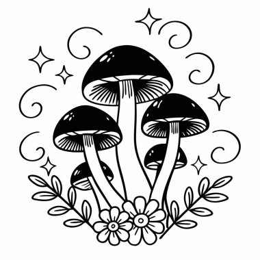 black and white mushroom with stars and leaves, vector illustration clipart