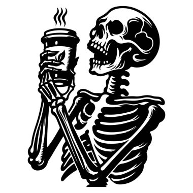 Skeleton with Coffee Cup Black Vector  Hands Up Pose Illustration clipart