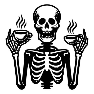 Skeleton with Coffee Cup Black Vector  Hands Up Pose Illustration clipart